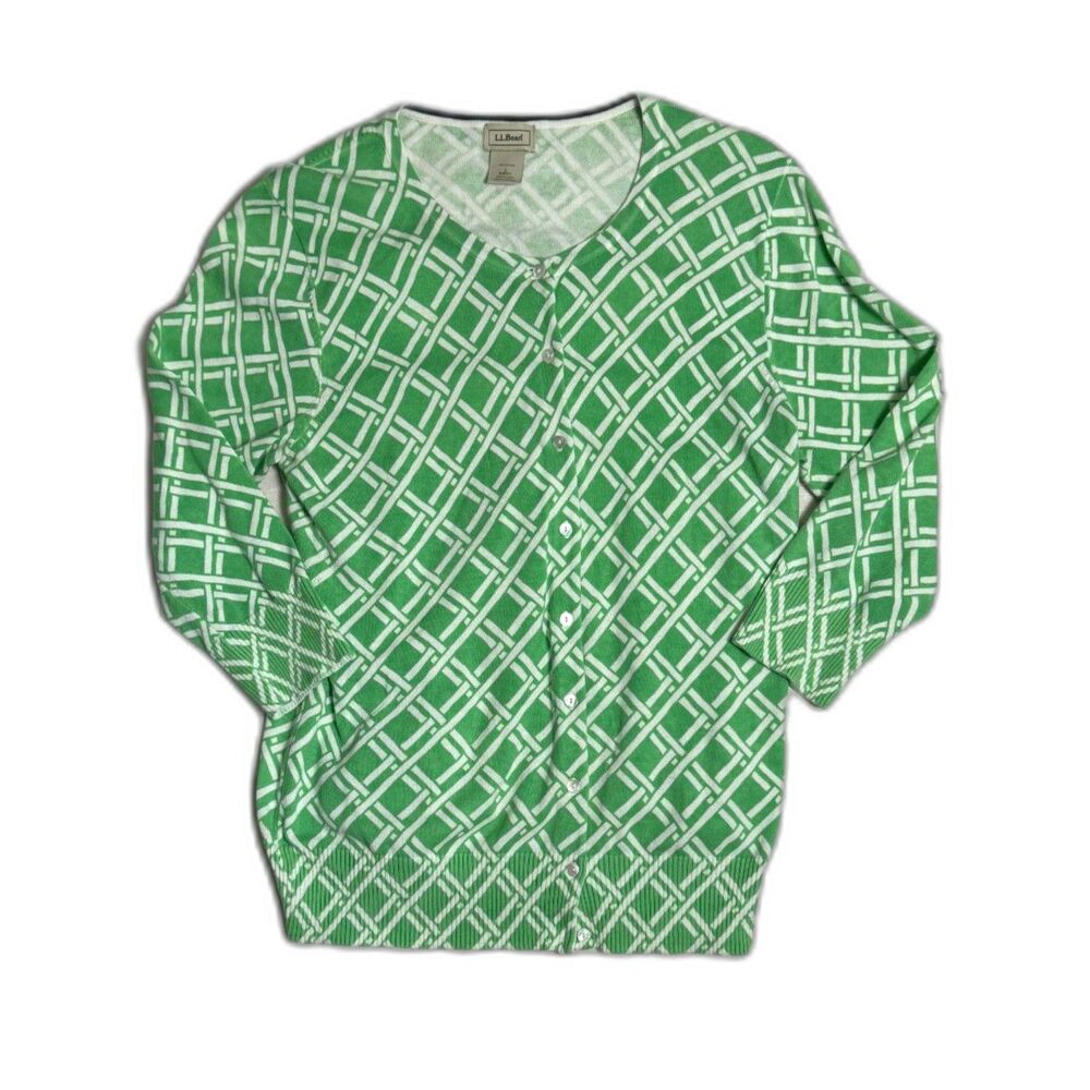 L.L. Bean Green Geometric Lattice Knit Grandmacore Preppy Retro Academia L